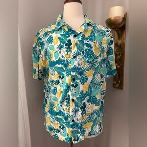 Disney Mickey Mouse Hawaiian Rayon Shirt Teal Yellow Button Front Men's Medium